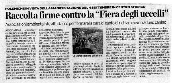 Aricolo de Il Secolo XIX dedicato alla raccolta di firme online contro lo svolgimento della fiera degli uccelli che si tiene ogni anno a Sarzana la prima Domenica di Settembre.